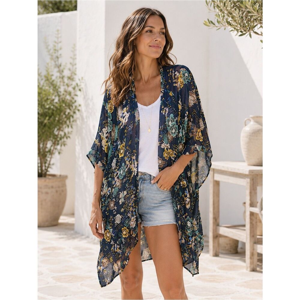Marcus Adler Floral Kimono Shawl Midi Cardigan Navy Blue Yellow Multicolor OS